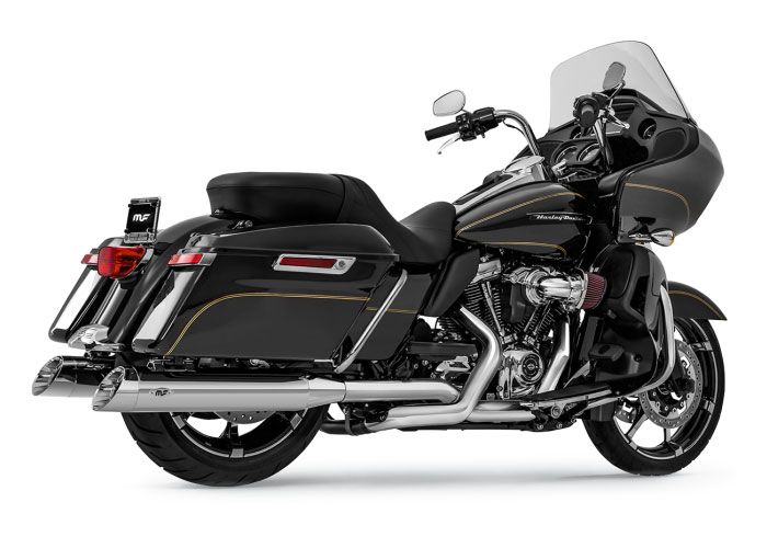 Black Harley Davidson with chrome mufflers