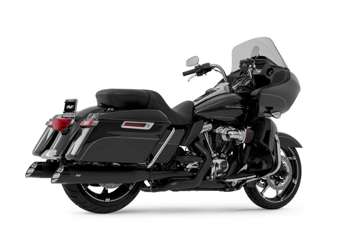 Black motorcycle with matte black mufflers