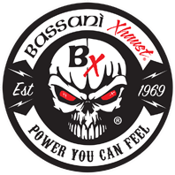 The Bassani Xhaust  Power You Can Feel  logo with the skull and red eyes and lightning bolts.