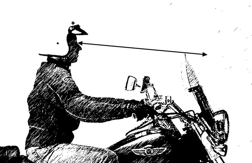 Drawing of motorcycle rider with an arrow from eyes to above windshield