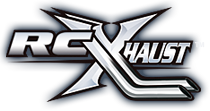 The glowing black and white RC Xhaust logo, featuring a muffler for the X. 