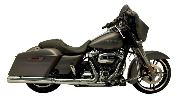 A set of SuperTrapp's Unfiltered 2-into-1-into-2 performance headers equipped on a Harley-Davidson bike.