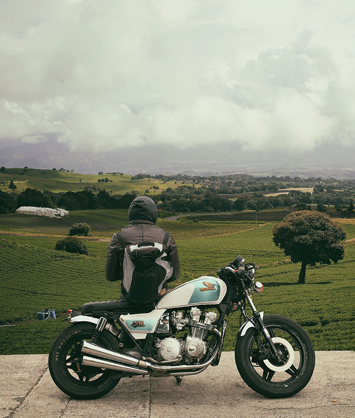 a rider takes a break from the road