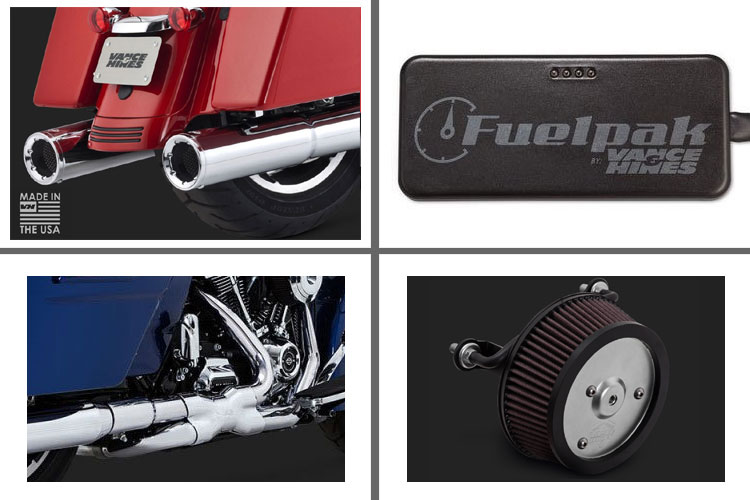 Vance & Hines power package components: power duals, fuelpak, air kit, and slip-on mufflers